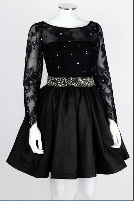 Black Long Sleeve Backless Cocktail Dress, Homecoming Dress Beaded Waist