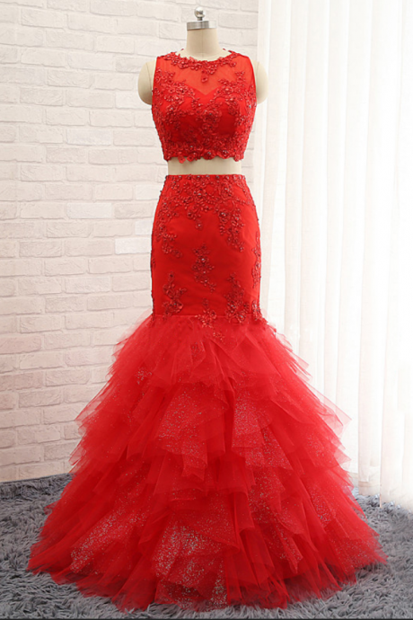 Red Two Piece Prom Dresses With Lace Appliques, Open Back Illusion Tulle Mermaid Prom Dresses, High Neck Prom Dresses,