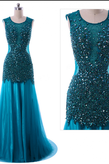 Backless Trumpet Prom Dresses, Blue Mermaid Tulle Prom Dresses, Luxurious Jewel Beaded Sleeveless Prom Dresses