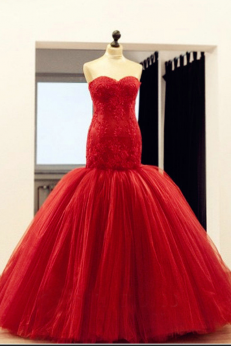 Noble Red Lace Prom Dresses Sweetheart Corset Tulle Mermaid/trumpet Long Party Formal Evening Gowns