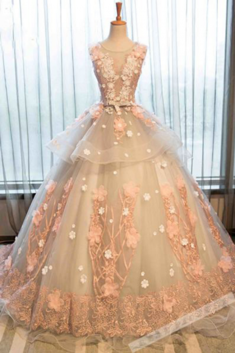 Prom Dresses , Champagne Quinceanera Dresses,organza Prom Dresses,lace Applique Round Neck Prom Dress,