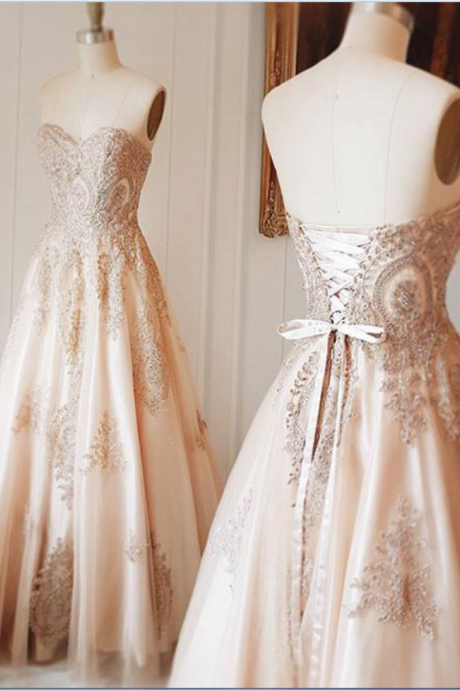 Champagne Sweetheart Lace Applique Long Prom Dress, Champagne Evening