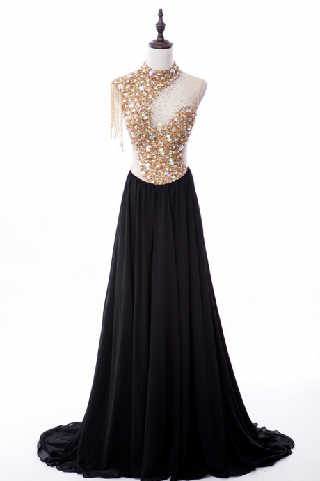 Prom Dresses,sexy A-line High Neck Sweep Train Chiffon Black Prom Dress With Beading