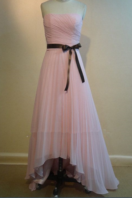  Pretty Handmade Asymmetrical Pink Chiffon Prom Dresses, Pink Bridesmaid Dresses, High Low Formal Dresses