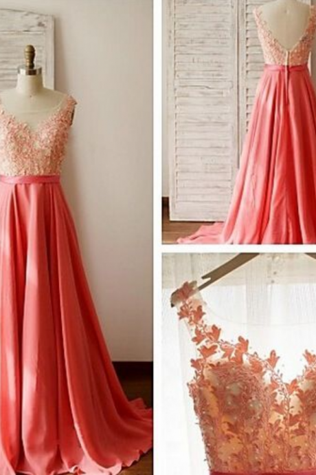  Backless A-Line Prom Dress,Coral Prom Dresses