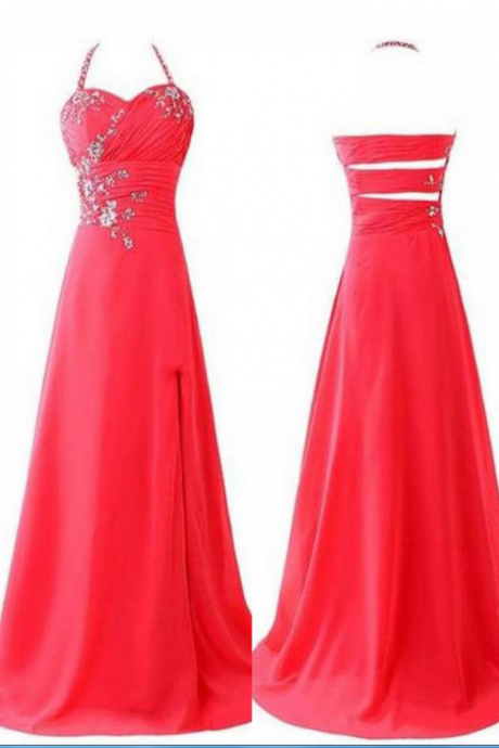 Red Beading Sequins Halter Satin Prom Dresses Prom Gowns,Prom Dresses 