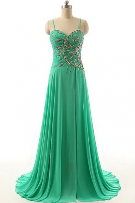 Spaghetti Straps Prom Dress,Sexy Long Prom Dress,A Line Beaded Prom Dress,Elegant Prom Dress,Prom Dresses,Green Evening Dress