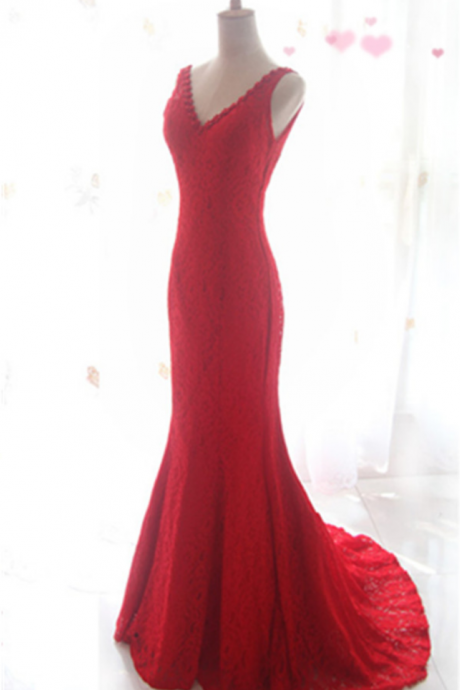 Red V-neck Mermaid Prom Dresses,sweep Train Lace Prom Dress,charming Elegant Prom Gowns,formal Evening Dresses