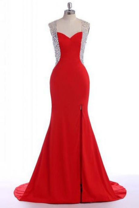 Red Long Crystal Mermaid Sweetheart Satin Prom Dresses Prom Gowns,prom Dresses, Prom Dresses, Long Prom Dress