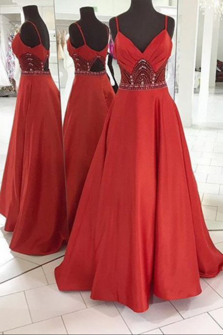 Red Prom Dresses Spaghetti Straps Crystal A-line Satin Prom Gowns,prom Dresses , Prom Dresses, Long Prom Dress