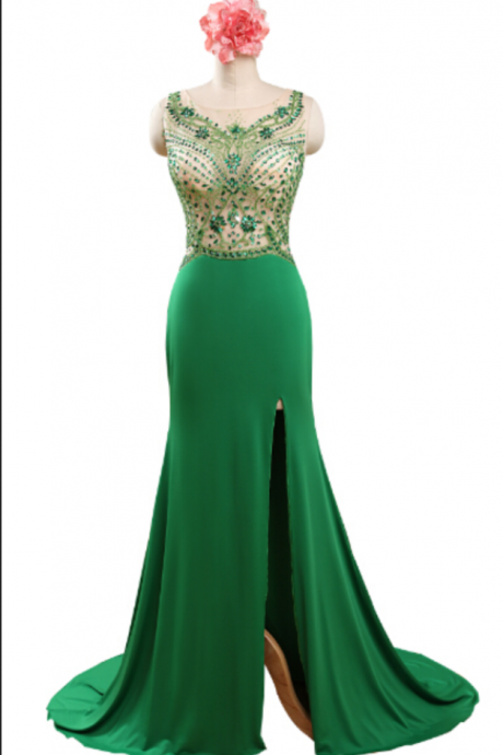 Green Prom Dresses,Beaded Evening Dress,Backless Prom Dresses,Beading Prom Dresses, Prom Gown,Slit Prom Dress,Princess Formal Gowns for Teens