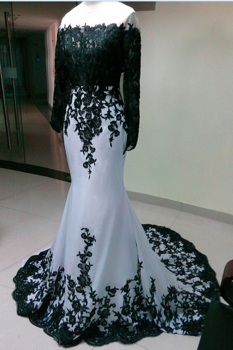  Long Sleeves Elegant whit chiffon with black lace Prom Dress , women formal party Dress,evening dress 