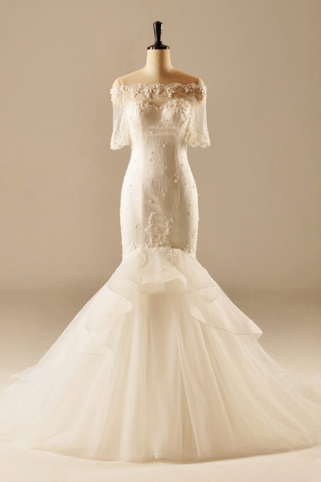 Long Wedding Dress, Tulle Wedding Dress, Lace Mermaid Wedding Dress, Beading Bridal Dress,