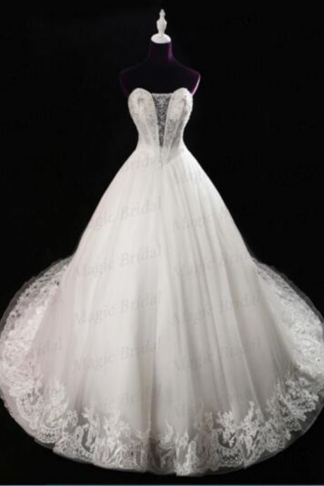 Magic Bridal Luxury Cathedral Train Ivory Lace Wedding Dresses Lace Up Ball Gown Wedding Dresses