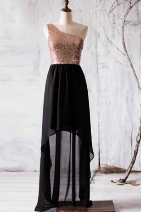 Black High Low Bridesmaid Dresses With Rose Golden Sequins, Asymmetrical Chiffon Bridesmaid Gowns, Latest One Shoulder Bridesmaid Dress,