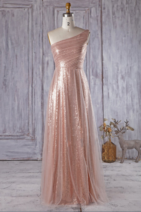 Sparkly Rose Golden Bridesmaid Dresses, Unique One Shoulder Bridesmaid Gowns, Asymmetric A-line Tulle Long Bridesmaid Dress,