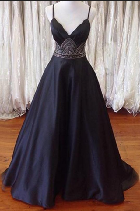Long Prom Dress, Simple V-neck Spaghetti Straps Prom Dress Evening Dress