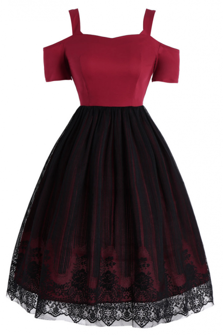 Off Shoulder Lace Mesh Party Dress In Red And Black