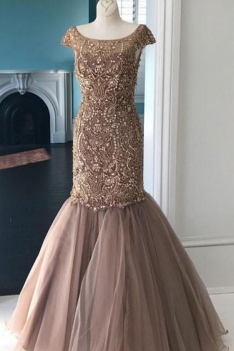 Unique Round Neck Prom Dresses,tulle Sequin Beads Prom Dress,mermaid Long Prom Evening Dress