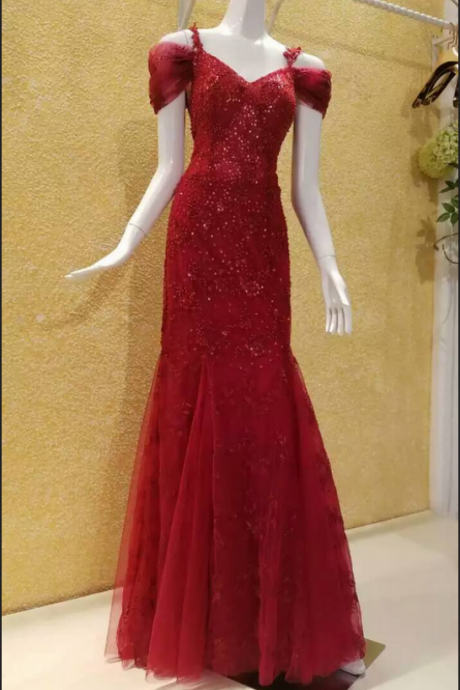 Evening Dress,red Evening Dress,sequined Evening Dress,beaded Evening Dress,mermaid Evening Dress,off-shoulder Evening Dress,spaghetti Straps