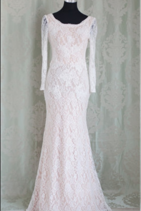 Charming Prom Dress,lace Prom Dress,mermaid Prom Dress,long-sleeves Evening Dress