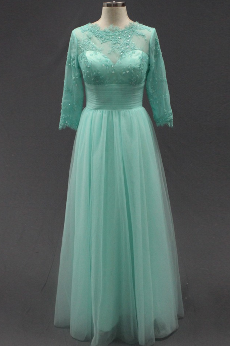 A-line Tulle Prom Dress,lace Floor-length Evening Dress,mint Green Long Dress