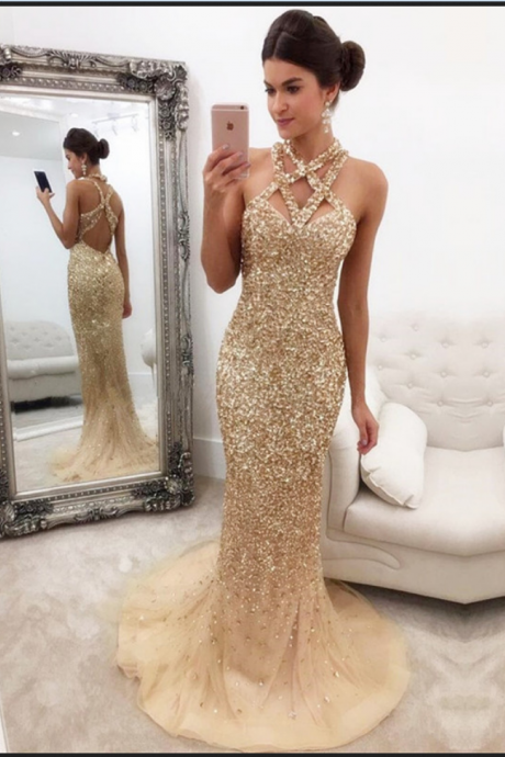 Gorgeous Sleeveless Zipper-back Halter Mermaid Crystals Prom Dress