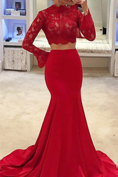 High Neck Long Sleeve Two Piece Prom Dresses Mermaid Lace Formal Evening Gown