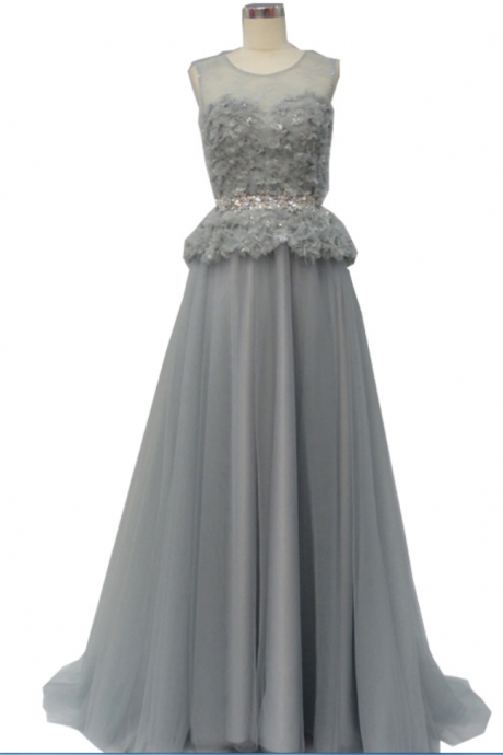 Pretty Grey A-line Evening Dress, Appliques Evening Dress,tulle Evening Dress ,long Evening Dress,evening Gown, Mother Of Bride Dress,formal