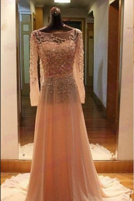 Prom Dress, A-line Prom Dresses, Crystal Evening Dress, Long Sleeve Evening Dress, Chiffon Evening Dress, Evening Dress With Beadings, Latest