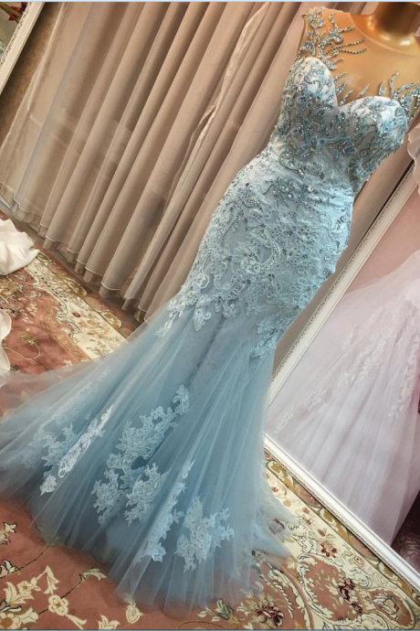 Most Beautiful Mermaid Evening Dresses Long Sky Blue Tulle Beading Lace Appliques Elegant Women Formal Gowns Sheer Back Evening Party Dress