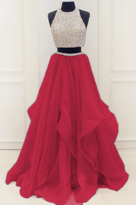 Halter Two-piece Beaded Ruffle A-line Long Prom Dress, Evening Dress