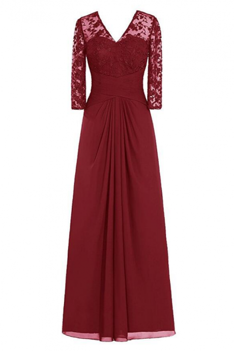 Long A-line Chiffon Evening Dress Featuring Sweetheart Illusion Lace Long Sleeve Plunge V Bodice