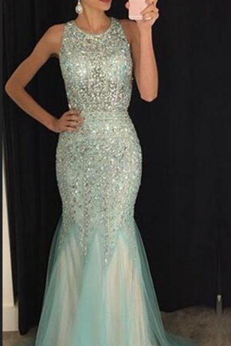 Mermaid Scoop Backless Crystals Prom Evening Gowns Long Prom Party Dress