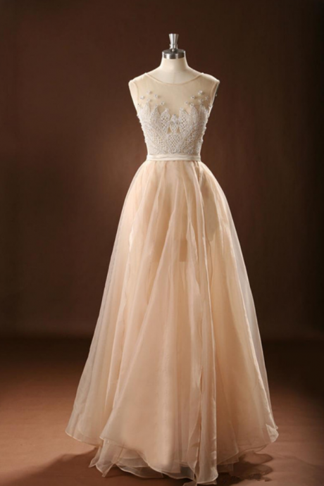 O-neckline Sleeveless Champagne Applique Prom Dress/evening Dress