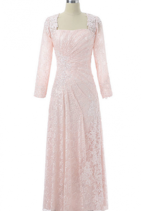 Pink Mother Of The Bride Dresses A-line Long Sleeves Appliques Lace Long Evening Dresses