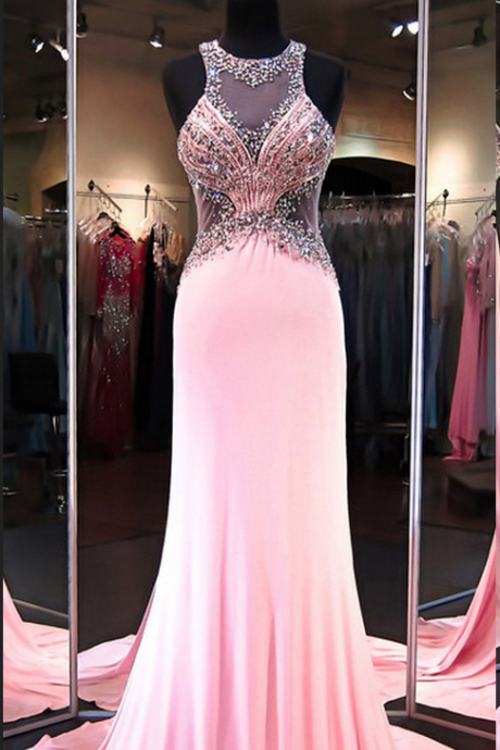 Illusion Tank Prom Dress With See-through Back, Beaded Pink Prom Dresses With Cutouts, Sleeveless Prom Dresses,