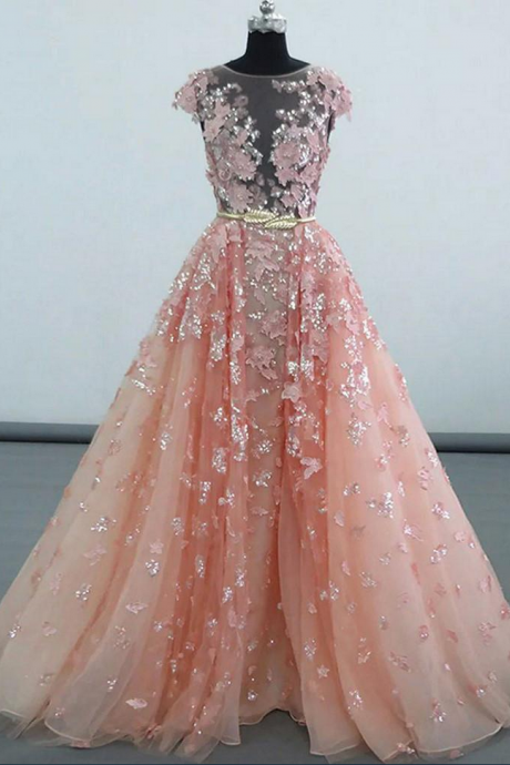 A-line Scoop Tulle Pink Prom Dress/evening Dress