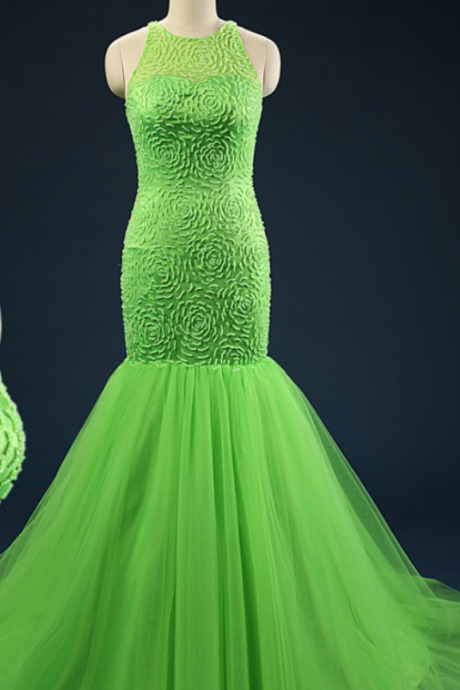 Bright Green Elegant Mermaid Prom Dresses Jewel Keyhole Evening Party Dresses With Beaded