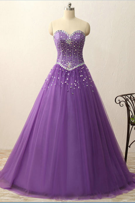 Prom Dresses ,sweetheart Crystal Beads Satin Tulle Floor Length Ball Gown Vintage Dress