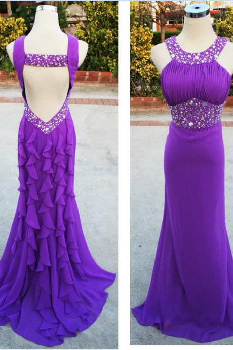 Prom Dresses ,purple Sexy Evening Dresses,mermaid Prom Gowns,scoop Backless Party Dresses,