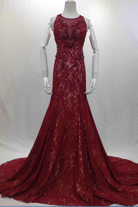  Fashionable Beading Red Evening Dresses Real Photos long Elegant Sexy Party Lace Chapel Train Prom Dresses 