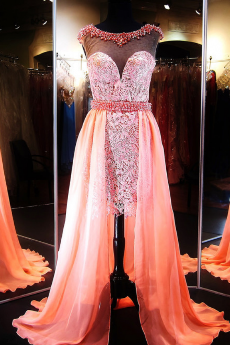 Prom Dresses, Prom Dress,modest Prom Dress,gorgeous Hi-lo Lace Illusion Evening Dress Beading Sleeveless Prom Dress