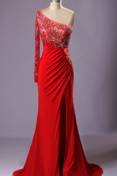 Red Bling One Shoulder Beads Crystal Vestido Para Formatura Longo Sexy Dress Mermaid Prom Dresses Real Photo Evening Dress