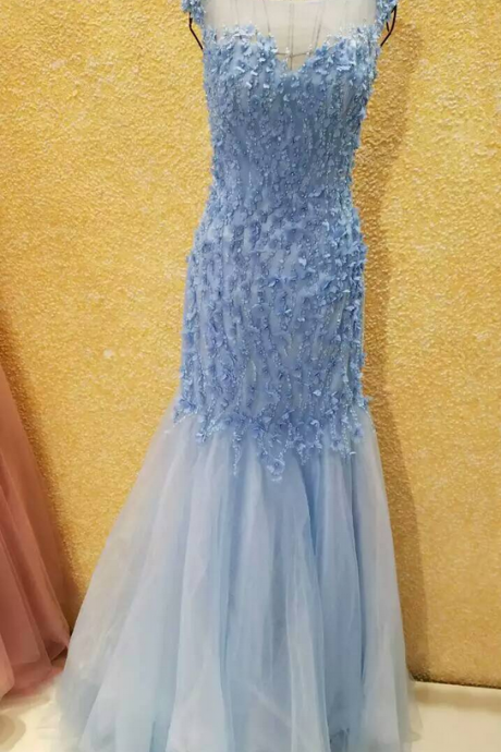 Blue Evening Dress,mermaid Evening Dress,evening Dress With Illusion Back ,cap Sleeves Evening Dress,evening Dress With Flowers,