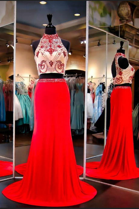  Modest Prom Dresses,Sexy New Prom Dress,High Collar Two Piece Prom Dresses Beading Open Back Long Evening Gowns