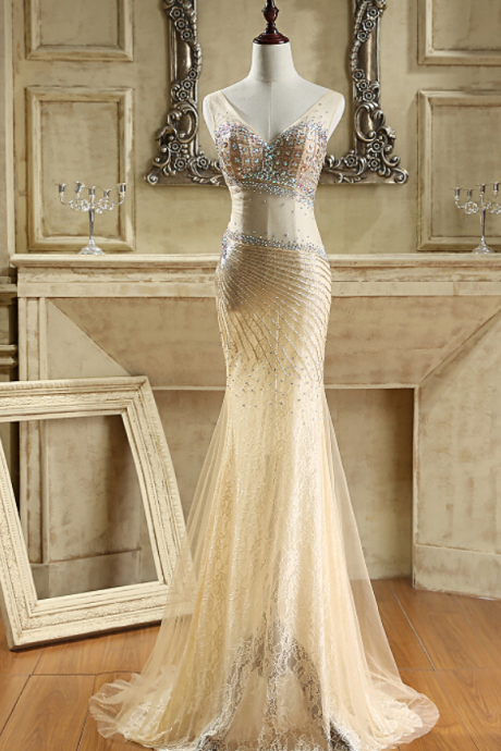 Sleeveless V-Neck Sheer Beaded Mermaid Long Prom Dress, Evening Dress