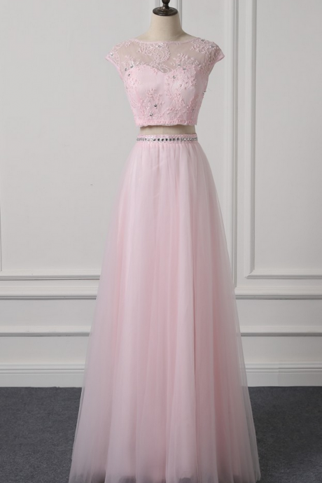 Pink Two Pieces A Line Prom Dresses , Lovely Beading Evening Gowns ,special Occasion Dresses ,bridesmaid Gowns Real Photo