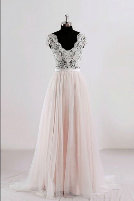 Pink V-neck Tulle Prom Dress,lace Applique Long Evening Dress