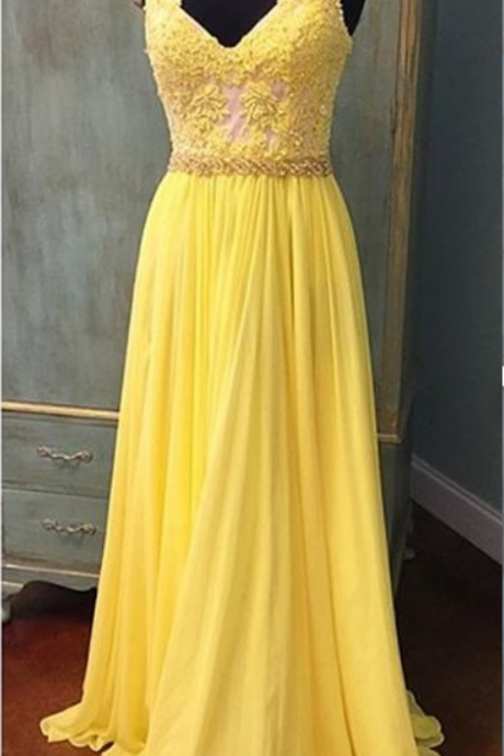 Elegant Yellow Formal Dress V Neck Party Dress,lace Tops Chiffon Prom Dress